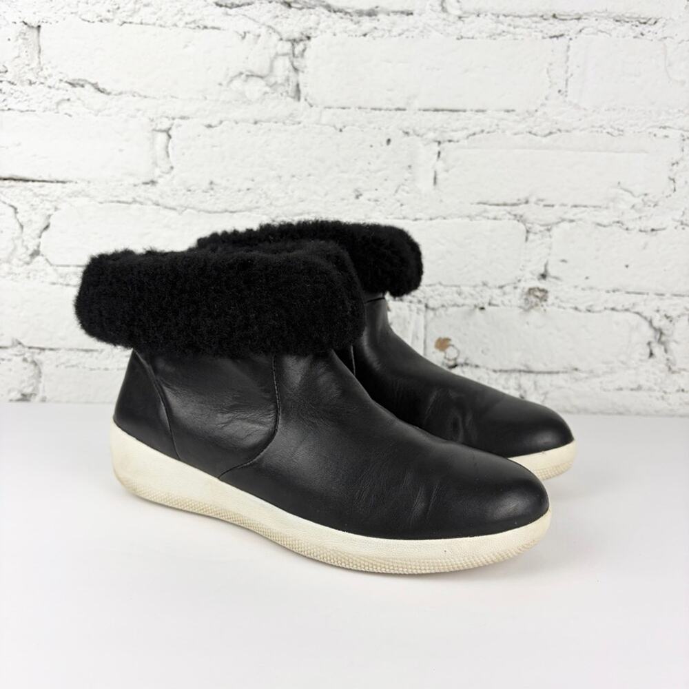 Fitflop Black Leather Skatebootie Shearling Cuff Ankle Side Zip Bootie 39